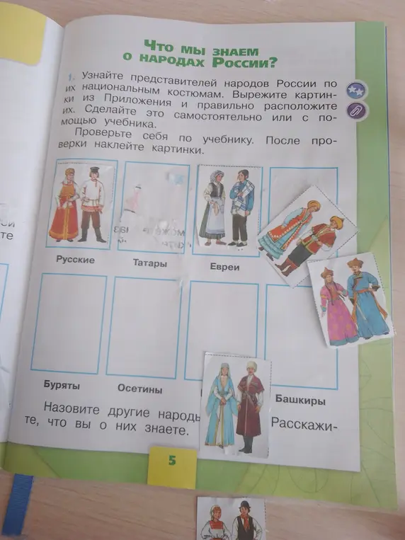 Как правильно расположить вырезанные картинки с национальными костюмами народов России на странице учебника?