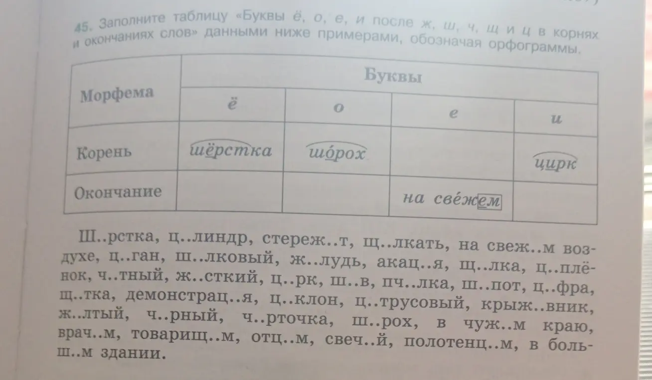 Помоги заполнить таблицу «Буквы ё, о, е, и после ж, ш, ч, щи ц в корнях и окончаниях слов» данными примерами