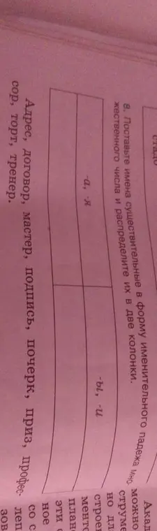 Распредели имена существительные в форму именительного падежа множественного числа в две колонки: с окончаниями -а, -я и -ы, -и.
