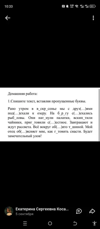 Ты просишь списать текст, вставляя пропущенные буквы.