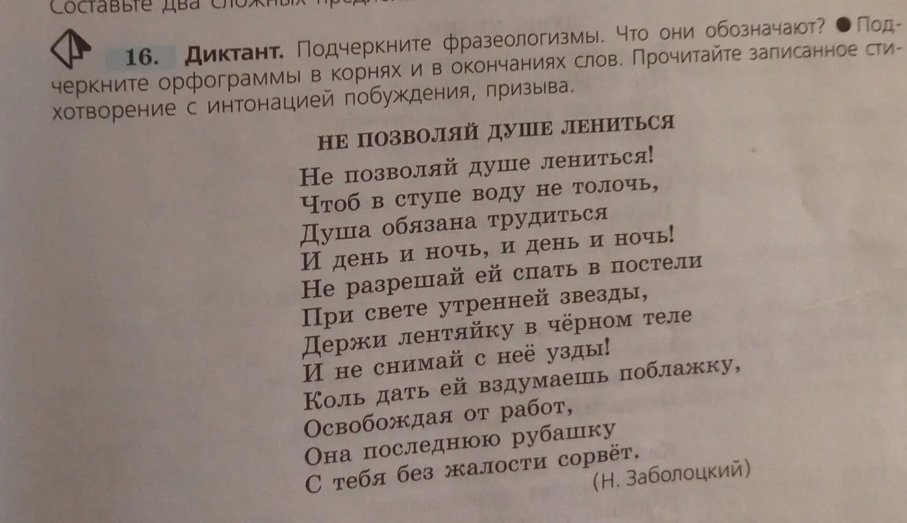 Подчеркни фразеологизмы, что они обозначают и орфограммы в корнях и в окончаниях слов в стихотворении.