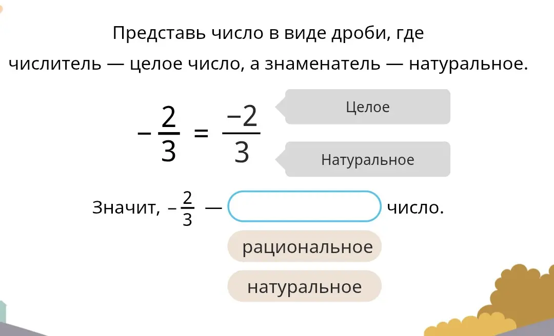Представь число в виде дроби, где числитель целое число, а знаменатель натуральное. Значит, число -2/3 - это рациональное или натуральное число?