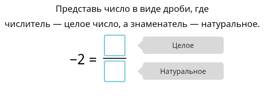 Представь число -2 в виде дроби, где числитель - целое число, а знаменатель - натуральное