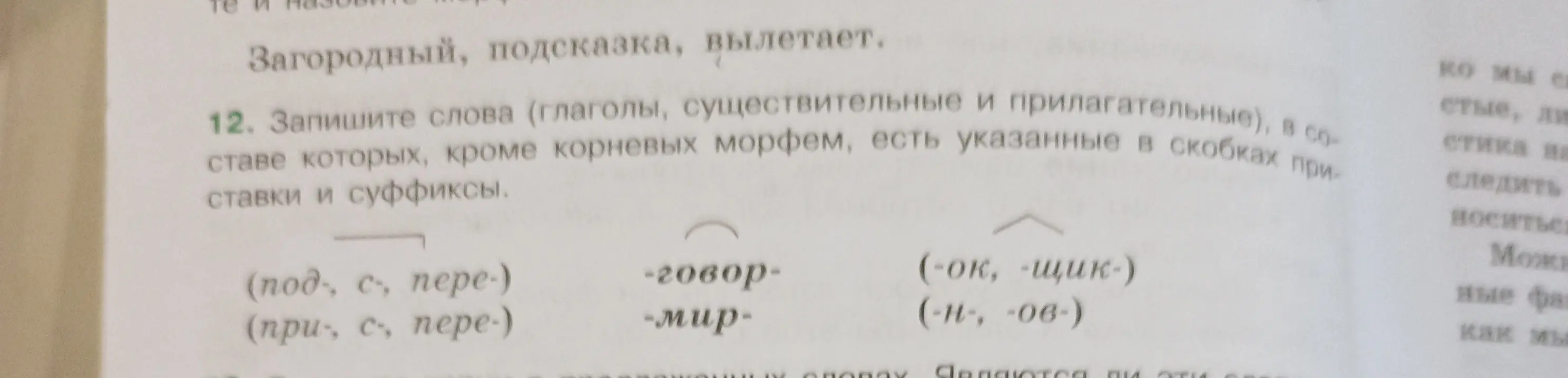 Ты просишь записать слова (глаголы, существительные и прилагательные), в составе которых, кроме корневых морфем, есть указанные в скобках приставки и суффиксы в задании под номером 12