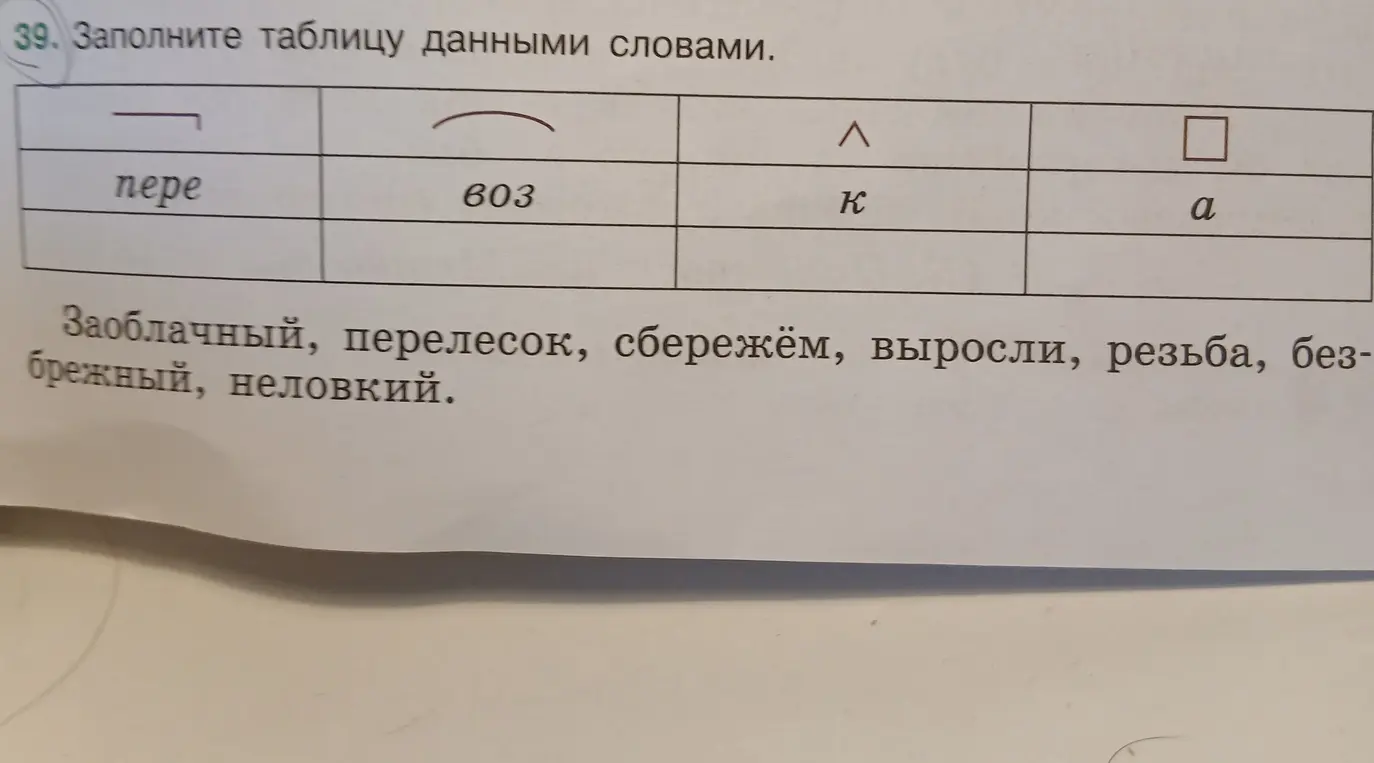 Помоги мне заполнить таблицу словами с приставками пере-, воз-, к- и а-