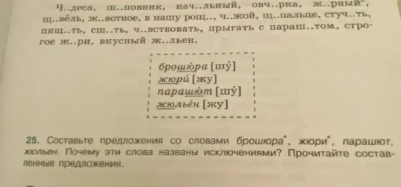 Можешь ли ты составить предложения со словами брошюра, жюри, парашют, жюльен и объяснить, почему они являются исключениями?