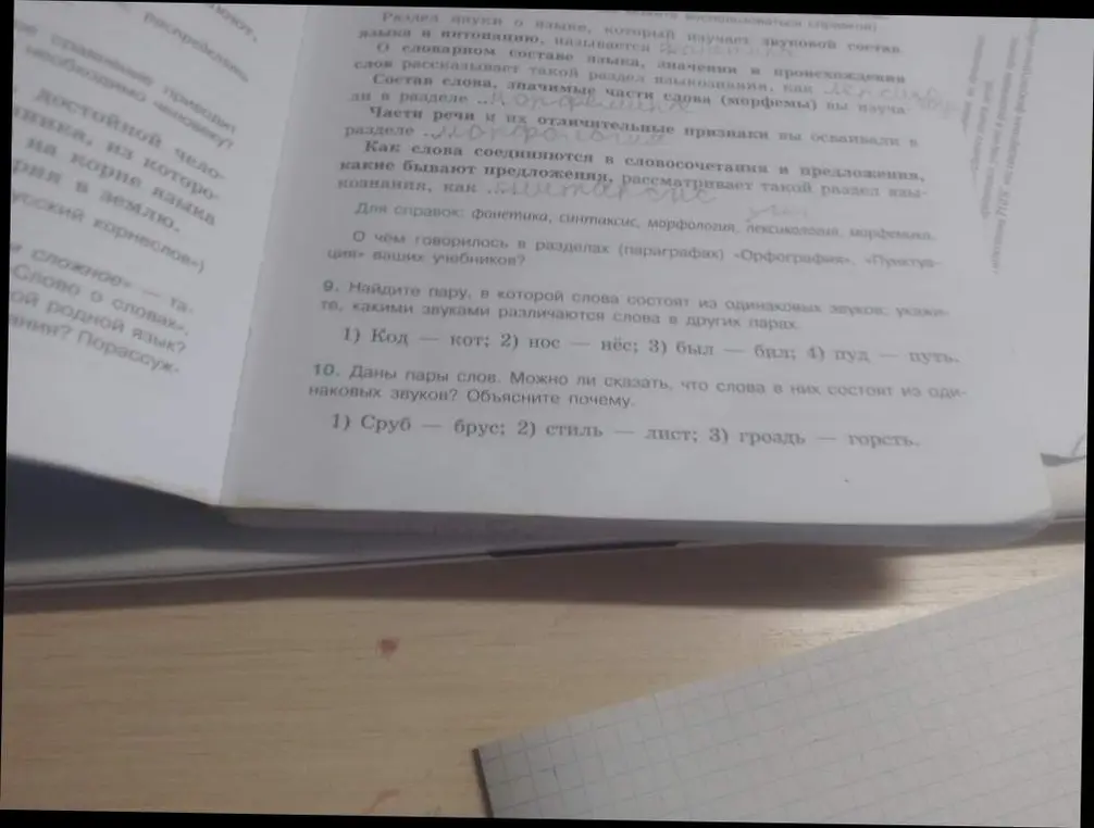 Найди пару, в которой слова состоят из одинаковых звуков; укажи, какими звуками различаются слова в других парах (задание 9)