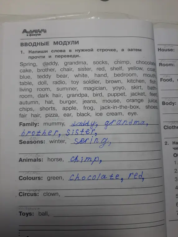 Напиши слова в нужной строчке, а затем прочти и переведи