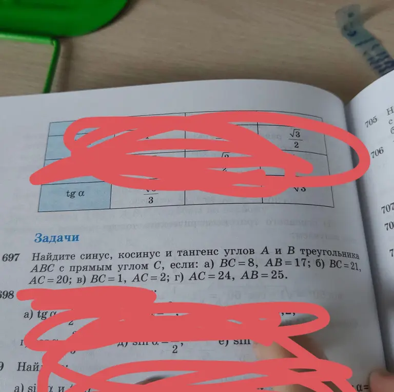 Помоги мне найти синус, косинус и тангенс углов А и В треугольника АВС с прямым углом С, если: а) BC = 8, AB = 17