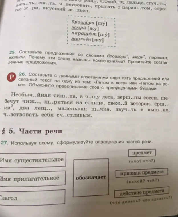 Составь предложения со словами 'брошюра', 'жюри', 'парашют', 'жюльен'. Почему эти слова названы исключениями?