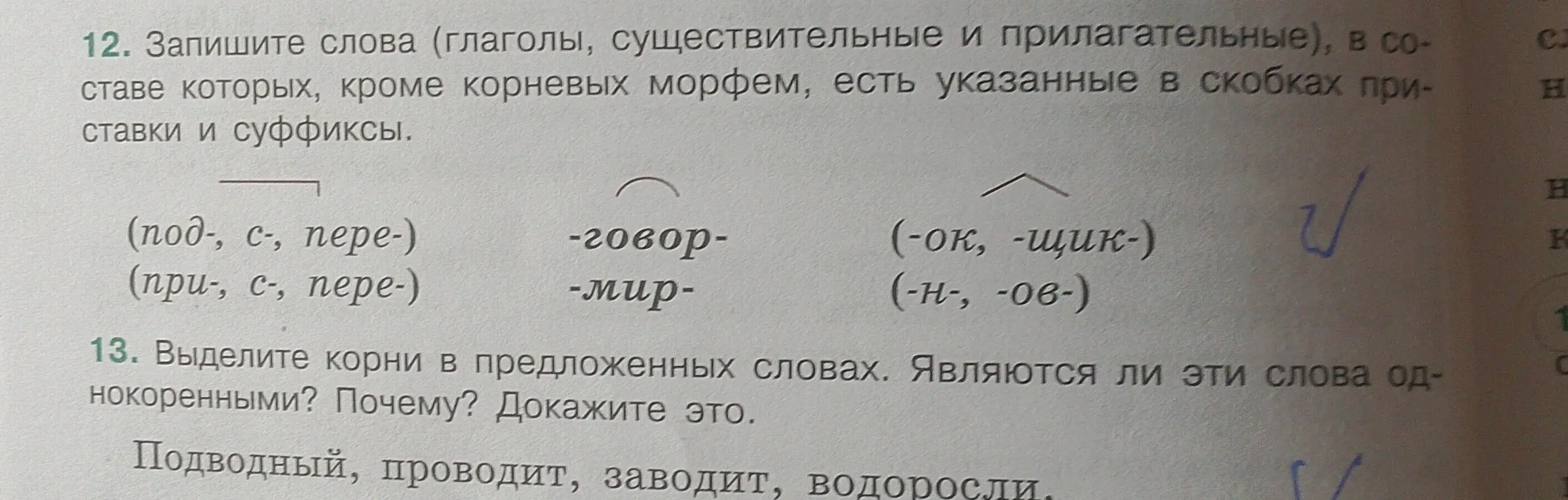 Запиши слова (глаголы, существительные и прилагательные), в составе которых, кроме корневых морфем, есть указанные в скобках приставки и суффиксы.