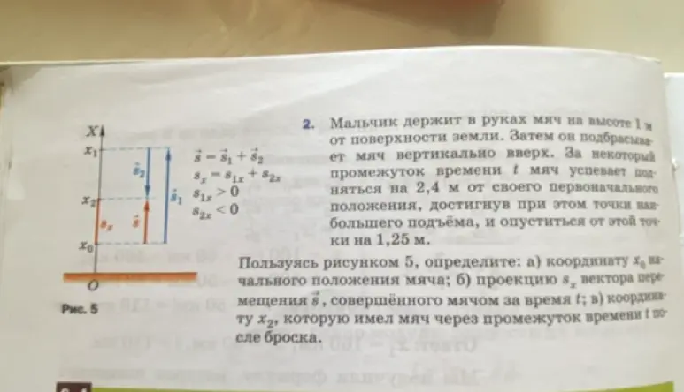 Объясни, как определить координату x₀ начального положения мяча, проекцию sₓ вектора перемещения s и координату x₂.