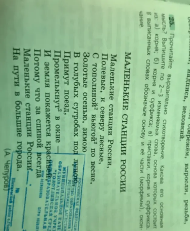 Определи основную мысль стихотворения, выпиши изменяемые слова и обозначь основу и её части (морфемы), окончание