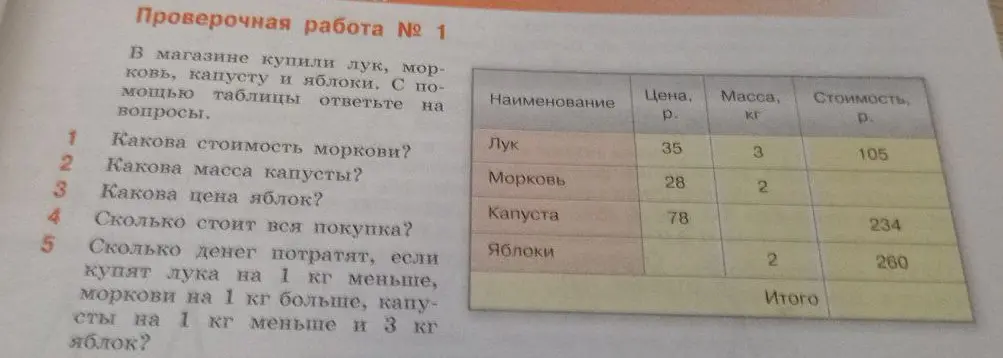 Ты просишь вычислить стоимость моркови, массу капусты, цену яблок, стоимость всей покупки и сколько денег потратят, если купят лука на 1 кг меньше, моркови на 1 кг больше, капусты на 1 кг меньше и 3 кг яблок.