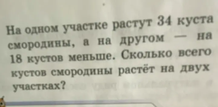 Помоги решить задачу: На одном участке растут 34 куста смородины, а на другом — на 18 кустов меньше. Сколько всего кустов смородины растёт на двух участках?
