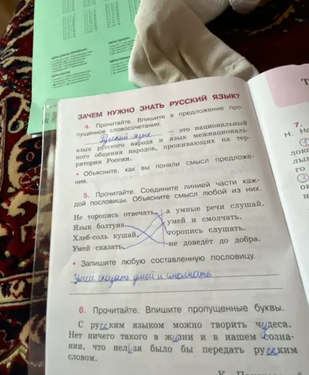 Помоги вписать в предложение пропущенное словосочетание и соединить линией части каждой пословицы.