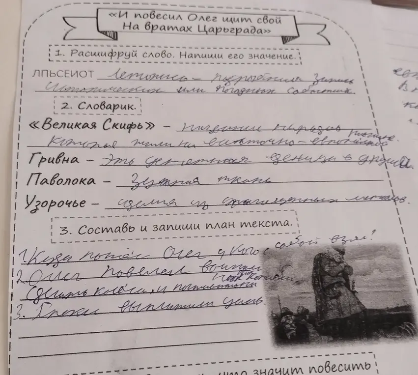 Ты просишь расшифровать слово, написать словарные значения и составить план текста.