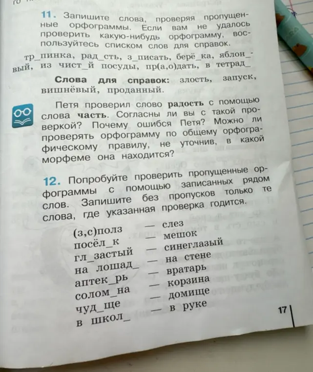 Выполни задание: запиши слова, проверяя пропущенные орфограммы в словах: тропинка, радость, записать и другие.