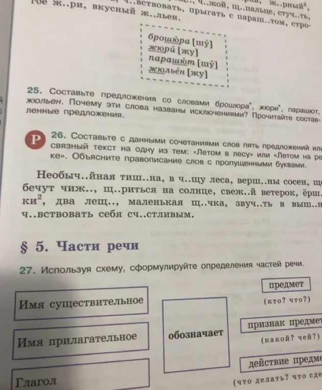 Помоги составить предложения со словами брошюра, жюри, парашют, жюльен; составить пять предложений или текст на тему «Летом в лесу» или «Летом на реке»; сформулируй определения частей речи, используя схему.