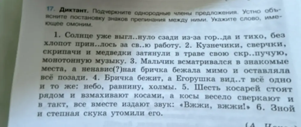 Ты просишь подчеркнуть однородные члены в предложениях и указать слово, имеющее омоним.