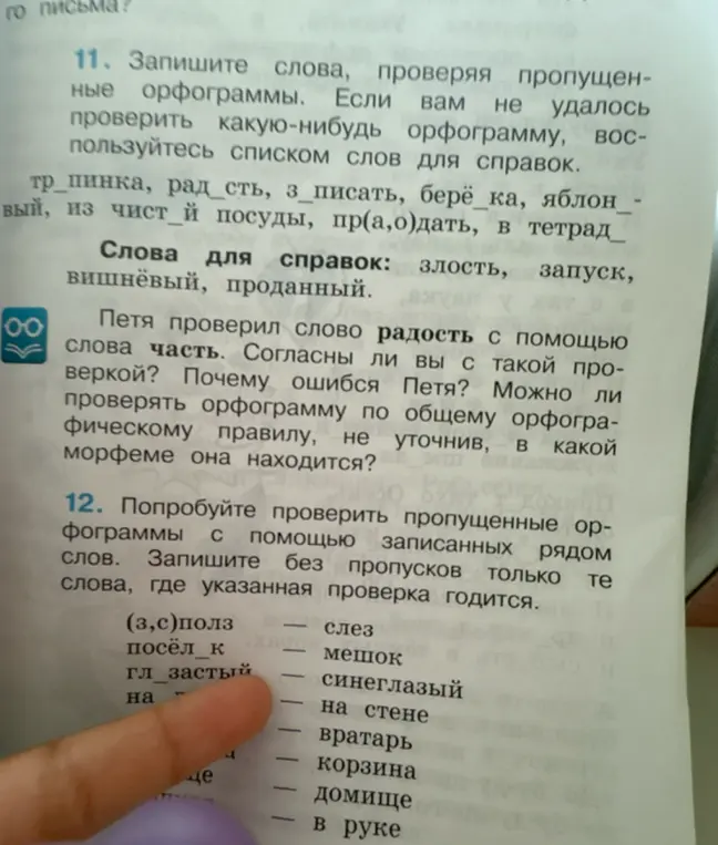 Запиши слова, проверяя пропущенные орфограммы: тр_пинка, рад_сть, з_писать...