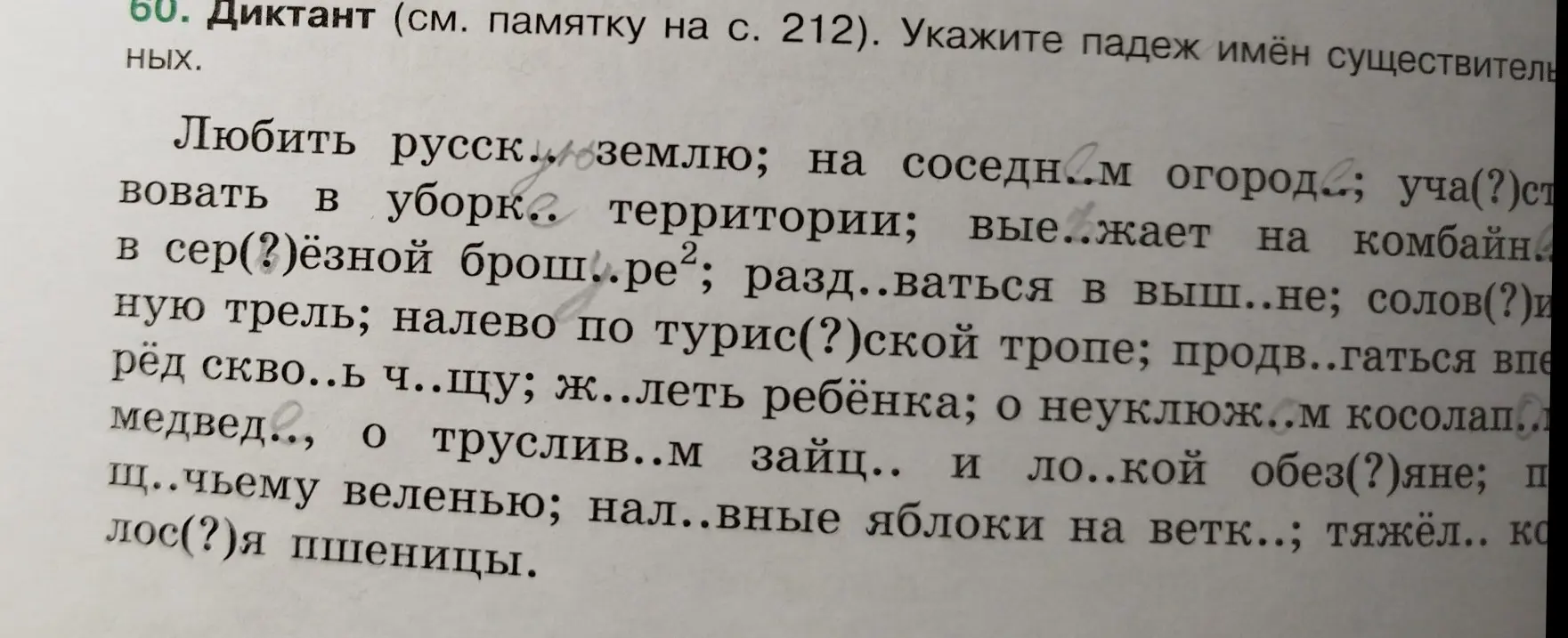Ты просишь указать падеж имён существительных и вставить пропущенные буквы в диктанте.