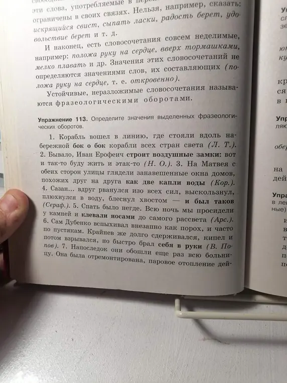 Определи значения выделенных фразеологических оборотов в упражнении 113
