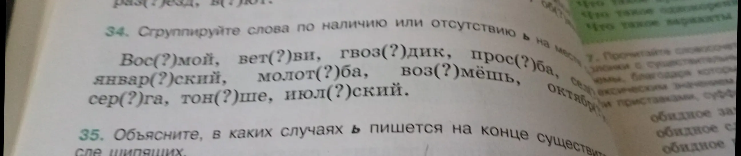 Сгруппируй слова по наличию или отсутствию ь на месте пропуска (восьмой, ветви, гвоздик...) и объясни, в каких случаях ь пишется на конце существительных после шипящих