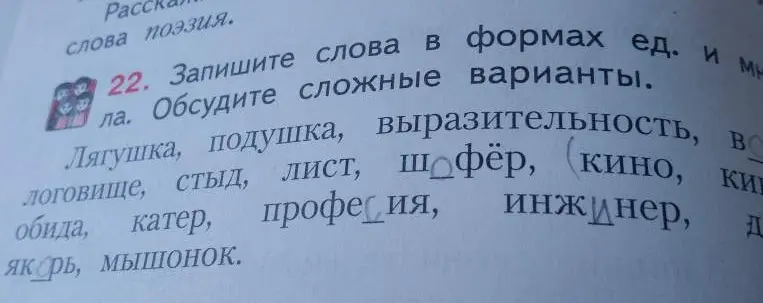 Запиши слова лягушка, подушка, выразительность, логовище, стыд, лист, шофёр, кино, обида, катер, професия, инжинер, якорь, мышонок в формах единственного и множественного числа