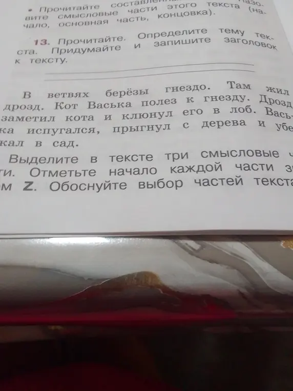Можешь ли ты определить тему текста и написать заголовок к тексту про дрозда и кота Ваську? Можешь ли ты выделить в тексте три смысловые части и отметить начало каждой части знаком Z?
