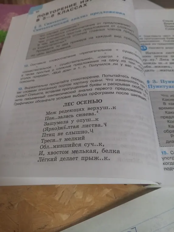 Ты просишь вставить пропущенные буквы и выполнить синтаксический анализ первого предложения стихотворения 'Лес осенью'.