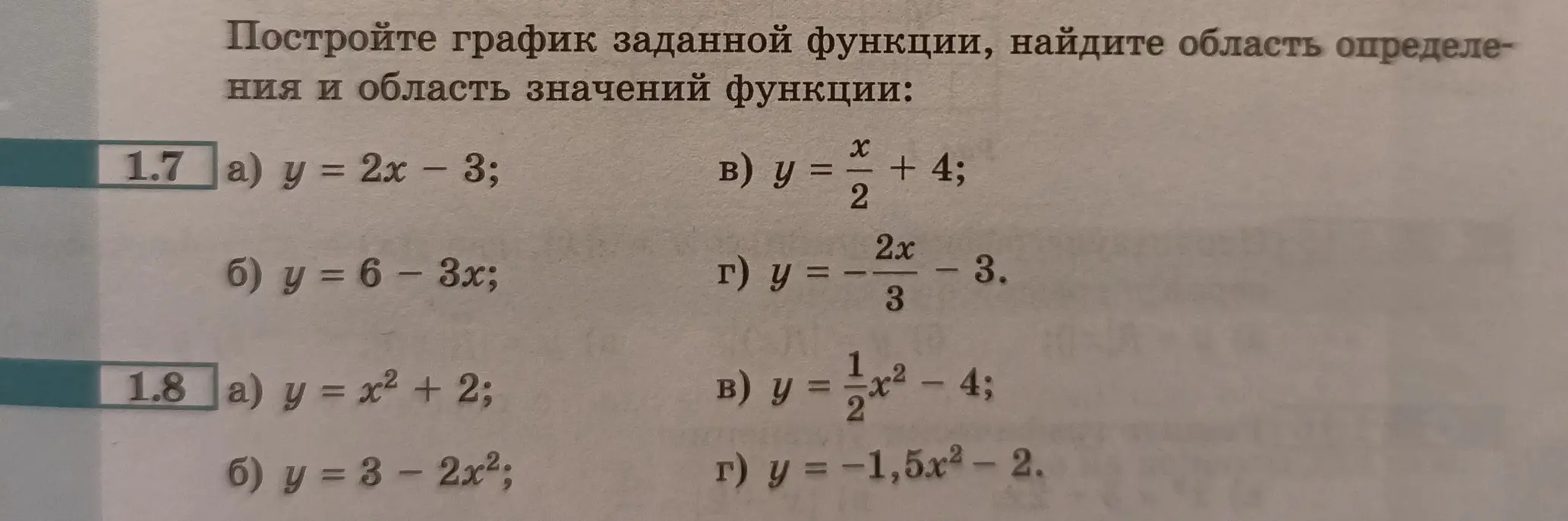 Помоги построить график заданной функции, найти область определения и область значений функции в задании 1.7 a