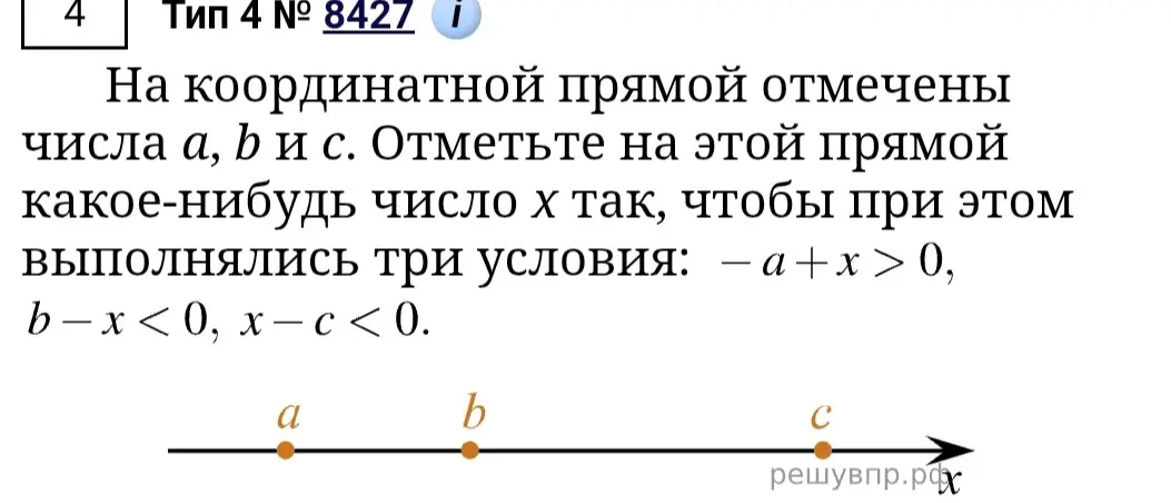 Помоги отметить на координатной прямой число x так, чтобы выполнялись три условия: -a+x > 0, b-x<0, x-c < 0