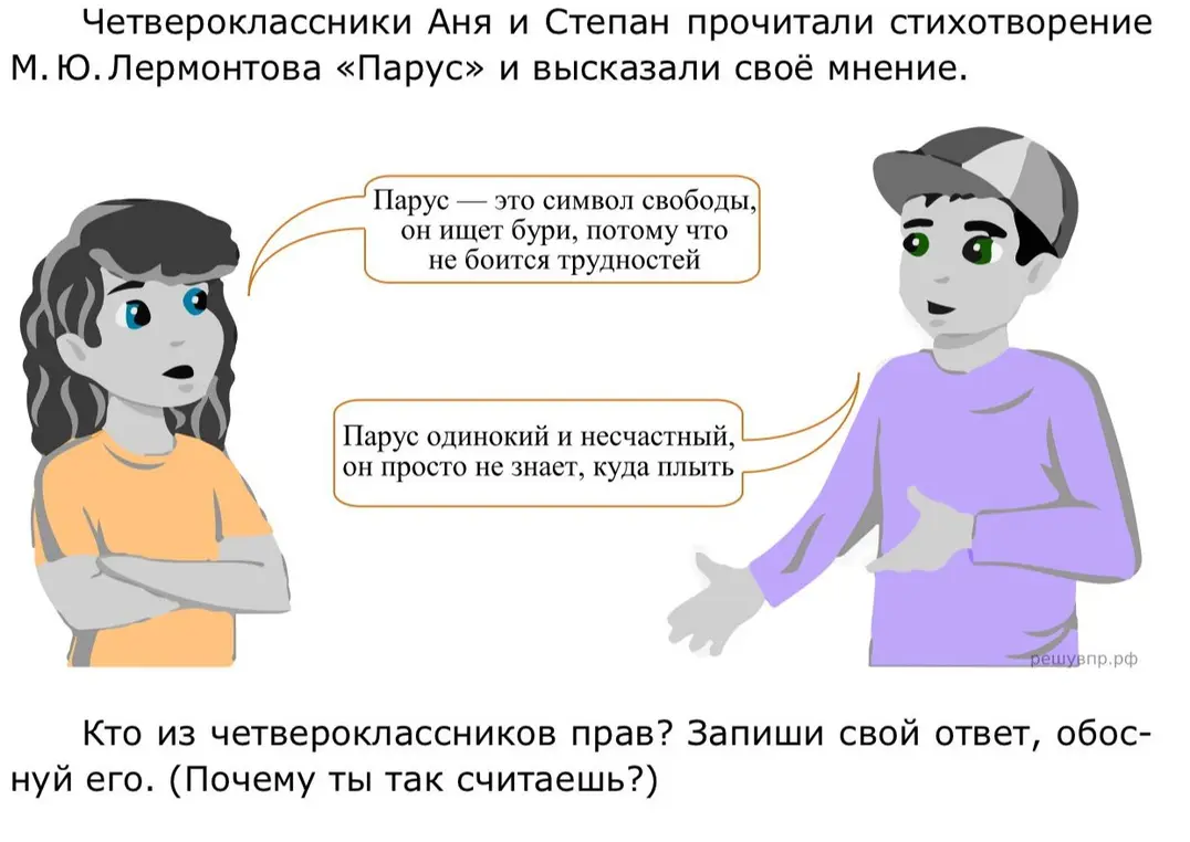 Определи, кто из четвероклассников прав, говоря о стихотворении М. Ю. Лермонтова «Парус»