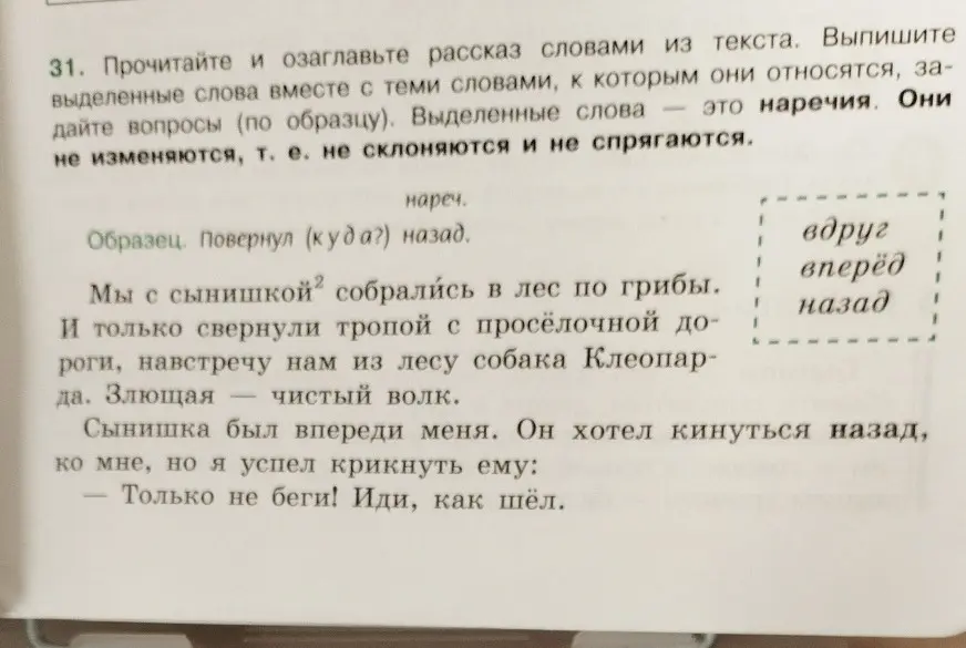 Ты просишь озаглавить рассказ и выписать выделенные слова вместе с теми словами, к которым они относятся из текста.