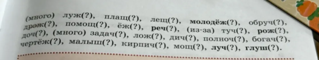 Определи, какие буквы нужно писать на конце существительных: (много) луж(?), плащ(?), лещ(?), молодёж(?), обруч(?)