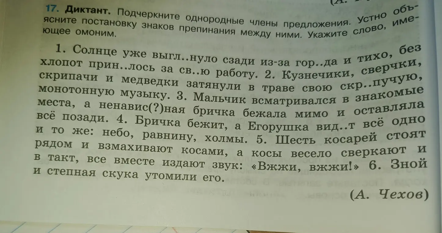 Ты просишь подчеркнуть однородные члены предложения, объяснить постановку знаков препинания и указать слово, имеющее омоним в упражнении 1.