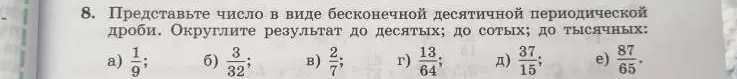 Представь число 1/9 в виде бесконечной десятичной периодической дроби и округли результат до десятых, сотых и тысячных