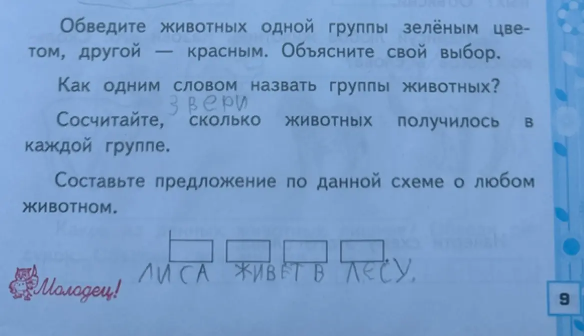Как одним словом назвать группы животных? Составь предложение по данной схеме о любом животном.