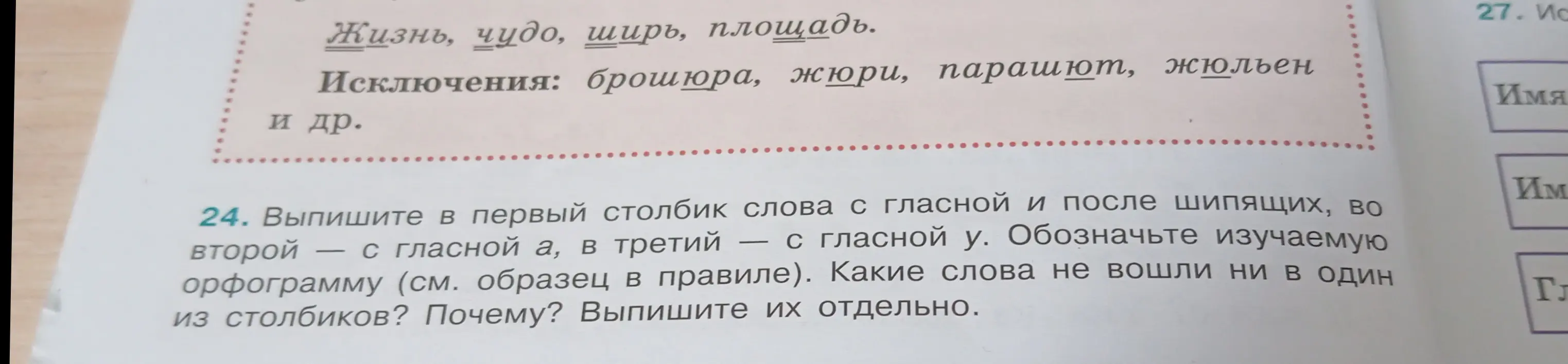 Выполни задание: выпиши в первый столбик слова с гласной и после шипящих, во второй — с гласной а, в третий — с гласной у. Обозначь изучаемую орфограмму. Какие слова не вошли ни в один из столбиков? Почему? Выпиши их отдельно.