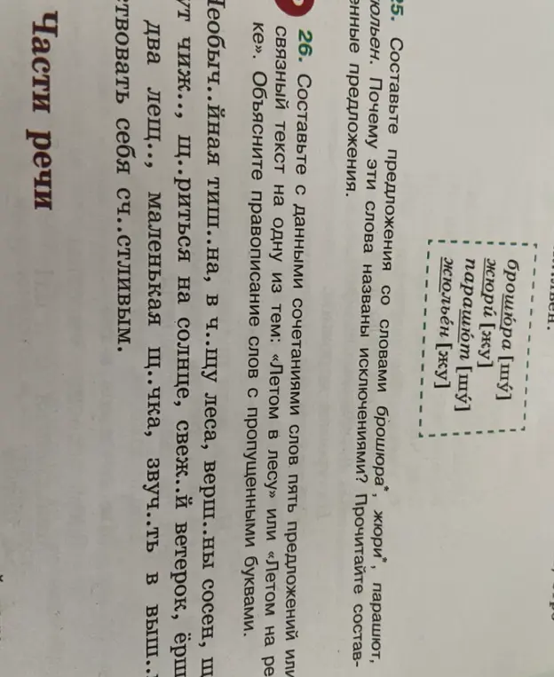 Составь предложения со словами брошюра, жюри, парашют, жюльен и связный текст на тему «Летом в лесу» или «Летом на реке»