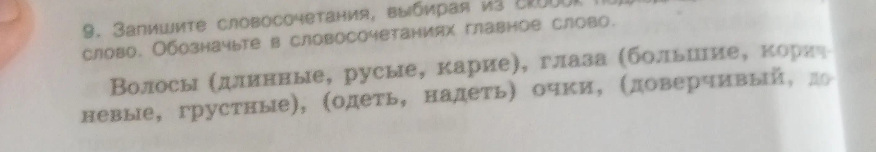 Помоги записать словосочетания и обозначить в них главное слово, например, в словосочетании "волосы (длинные, русые, карие)"