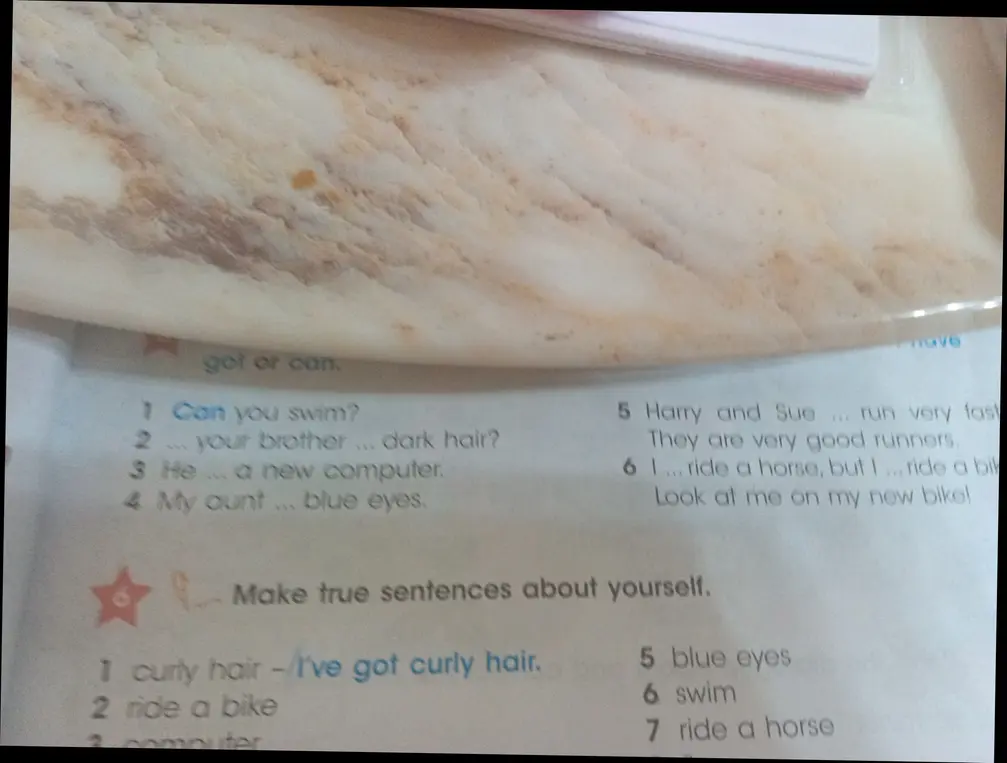 Помоги вставить can/can't/have got/has got в предложения.
