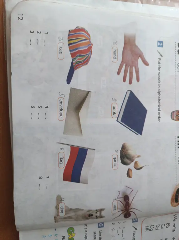 Предложи расставить слова по алфавиту: ant, book, cap, dog, envelope, flag, garlic, hand