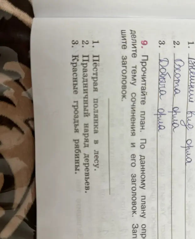 Предложи тему сочинения и заголовок к плану: 1. Пёстрая полянка в лесу, 2. Праздничный наряд деревьев, 3. Красные гроздья рябины