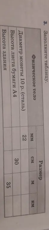 Заполни таблицу с размерами физических тел