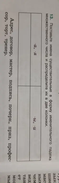 Поставь имена существительные в форму именительного падежа множественного числа и распредели их в две колонки