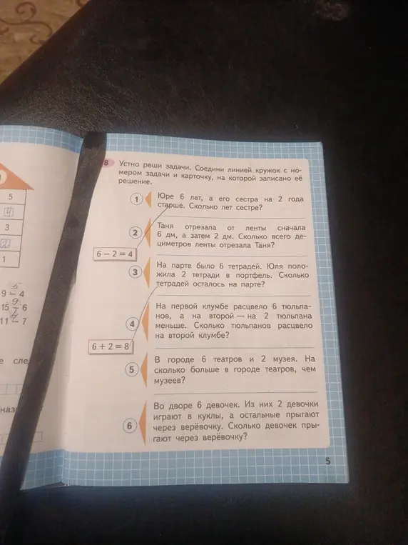 Соедини линией кружок с номером задачи и карточку, на которой записано её решение, если Юре 6 лет, а его сестра на 2 года старше.