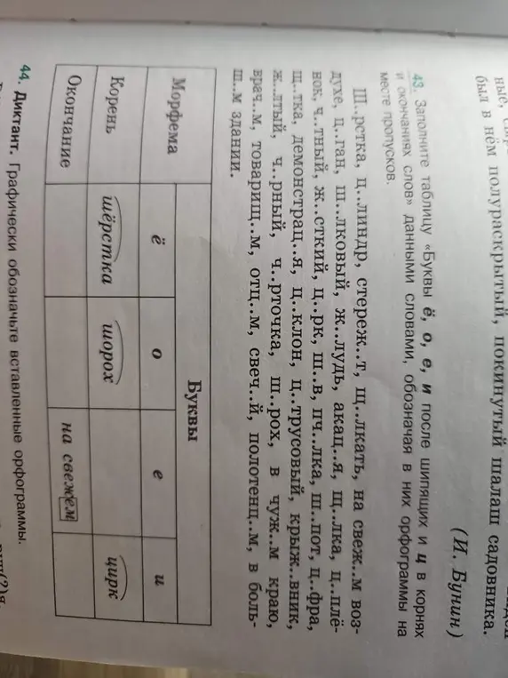 Заполни таблицу «Буквы ё, о, е, и после шипящих и ц в корнях и окончаниях слов» данными словами, обозначая в них орфограммы на месте пропусков