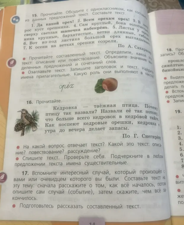 Объясни, какой это текст в упражнении 15: описание или повествование